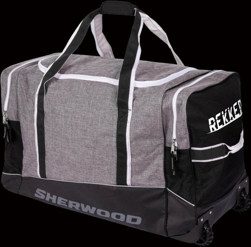A Sherwood branded hockey player's Wheeled Kit bag with wheels and black and gray color scheme.