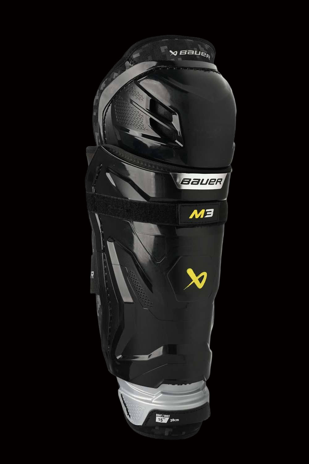 Bauer Supreme M3 Shin Pads with X-FLEX Shield Cap and THERMOMAX Sub Liner for skater mobility and protection.
