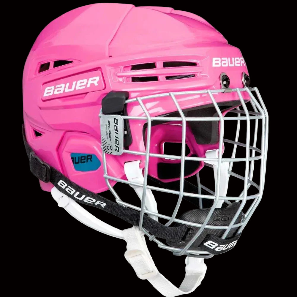 Bauer Prodigy youth hockey helmet combo in pink with facemask and adjustable fit features.