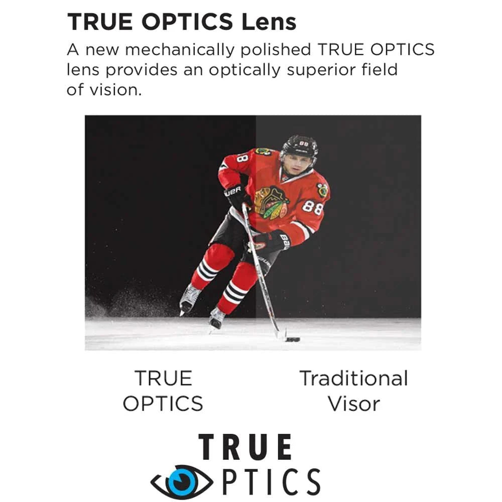 Bauer Pro Straight Visor with True Optics lens for superior vision in hockey.