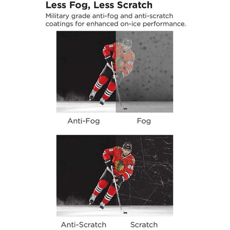 Hockey player demonstrating the anti-fog and anti-scratch features of the Bauer Pro Straight Visor.