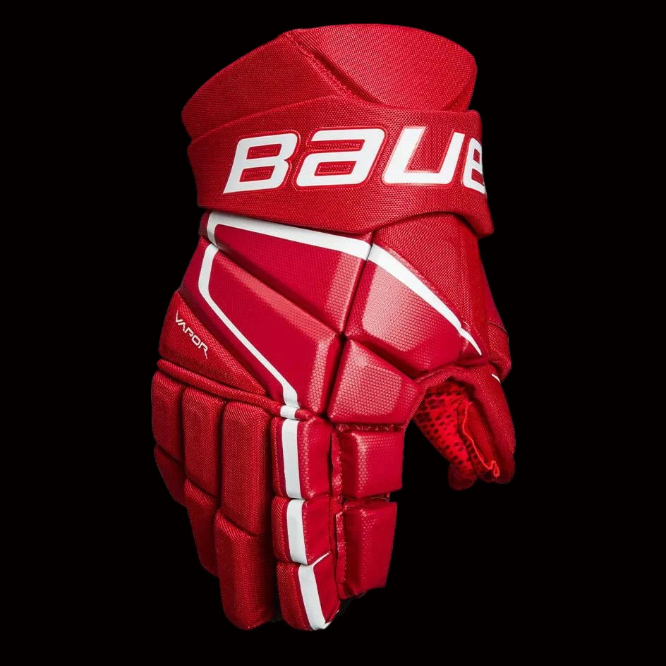 Bauer Vapor 3X Hockey Glove in red with pre-curved backhand and flexible design.