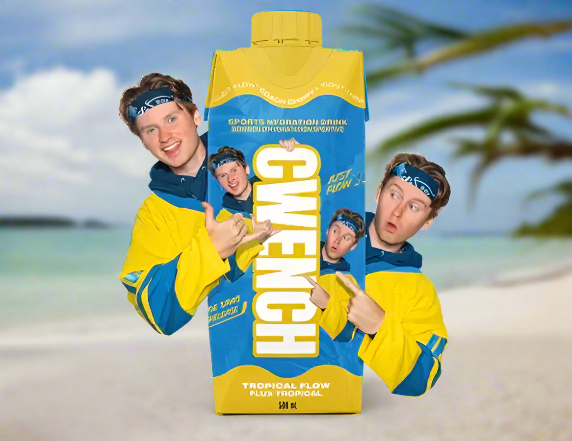 Person wearing a costume shaped like a sports drink container with 'Gwench' branding.