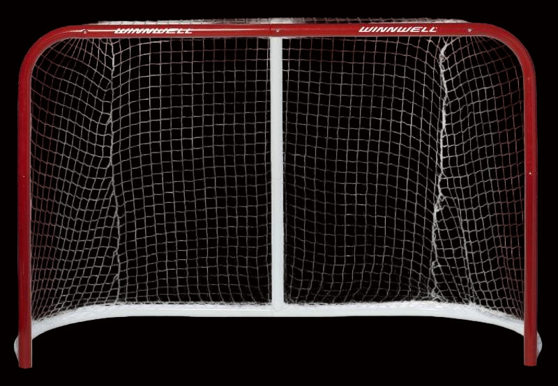 A red and white Winnwell proform hockey net with heavy duty mesh on a goal with 2" posts.
