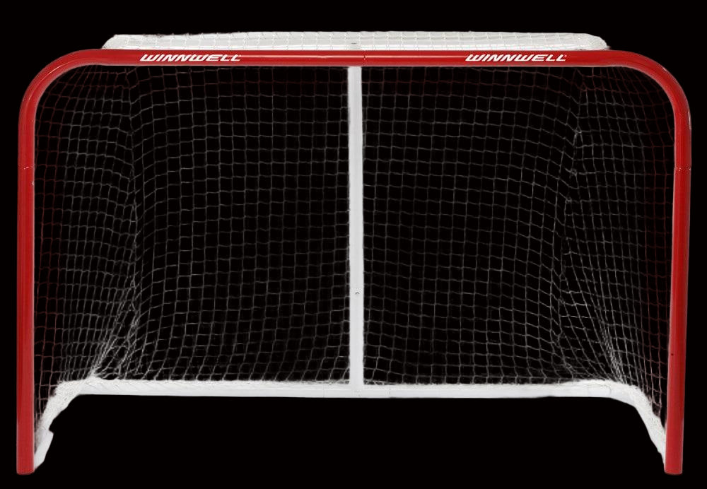 A red Winnwell hockey goal with a white net, featuring a horizontal bar and post design.