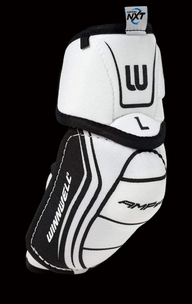 A Winnwell AMP500 Senior Elbow Pad featuring a black and white color scheme with straps and branding on the exterior.