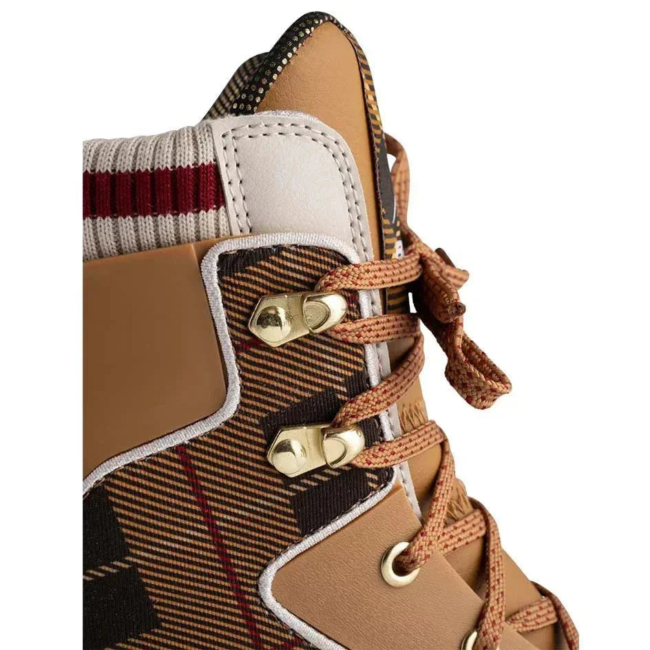 Close-up of Bauer Chamonix Lifestyle Skates with plaid design and synthetic leather overlay.