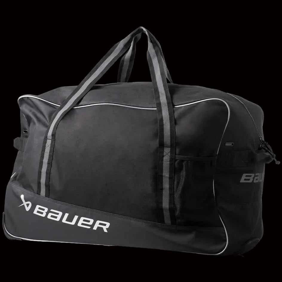 A black Bauer wheeled hockey stick bag with the brand's logo on the side.