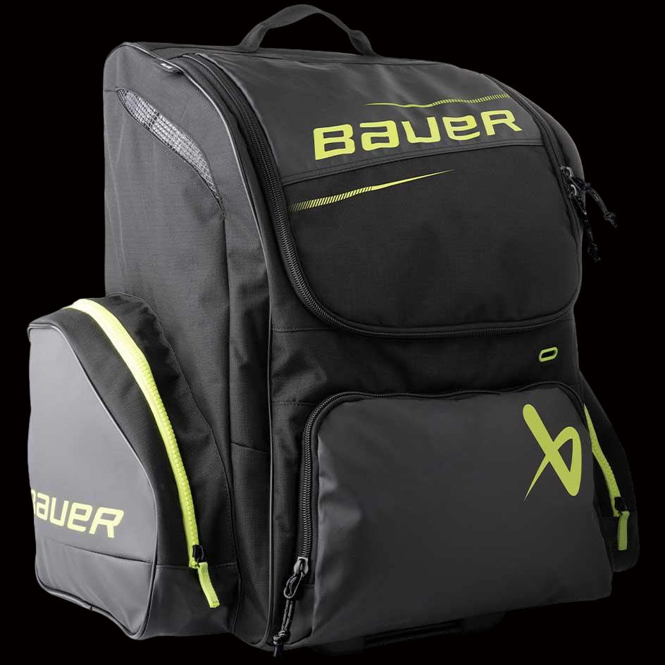 Bauer Elite Wheeled Backpack Junior S24 with wheels and backpack straps, large compartment, and multiple pockets.