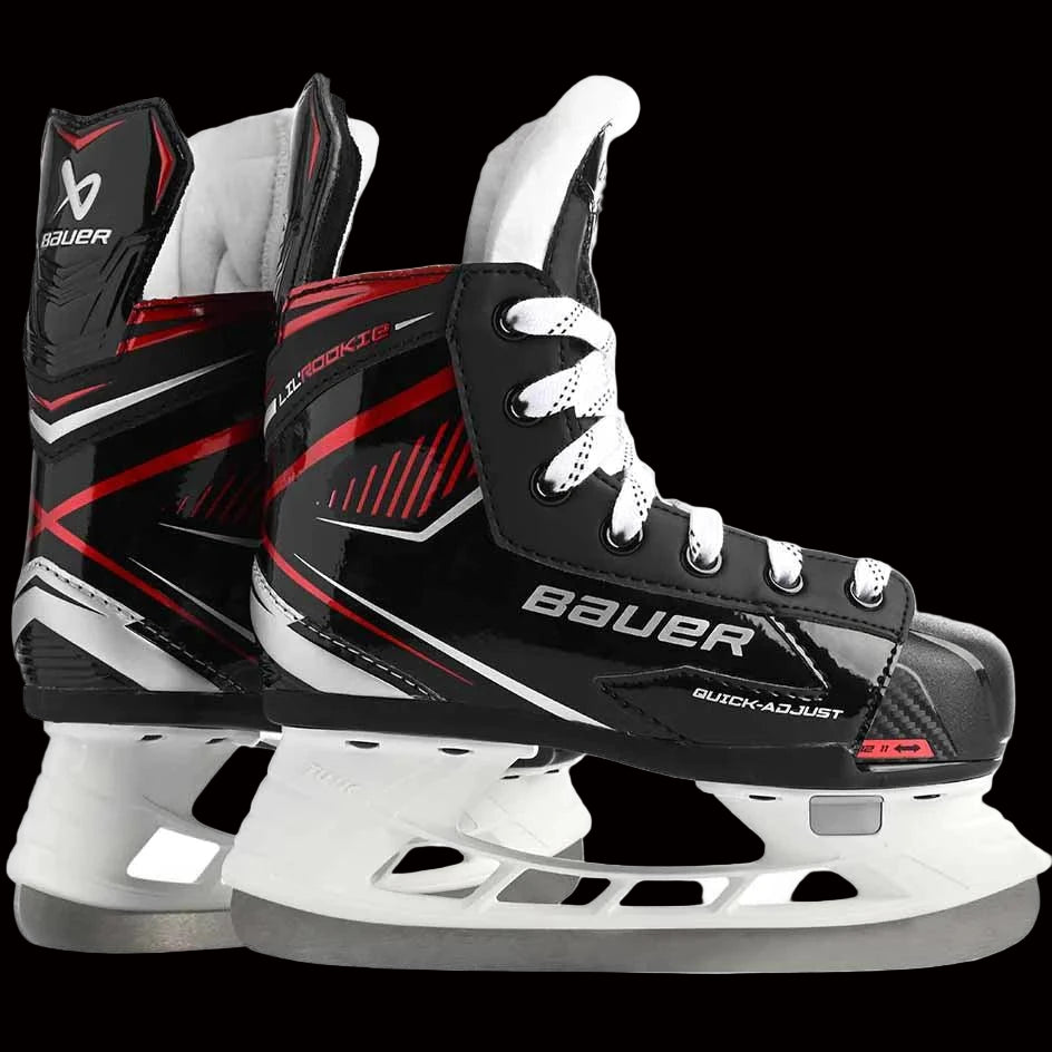 Bauer Lil' Rookie Adjustable Ice Hockey Skates for beginners in black and red design.