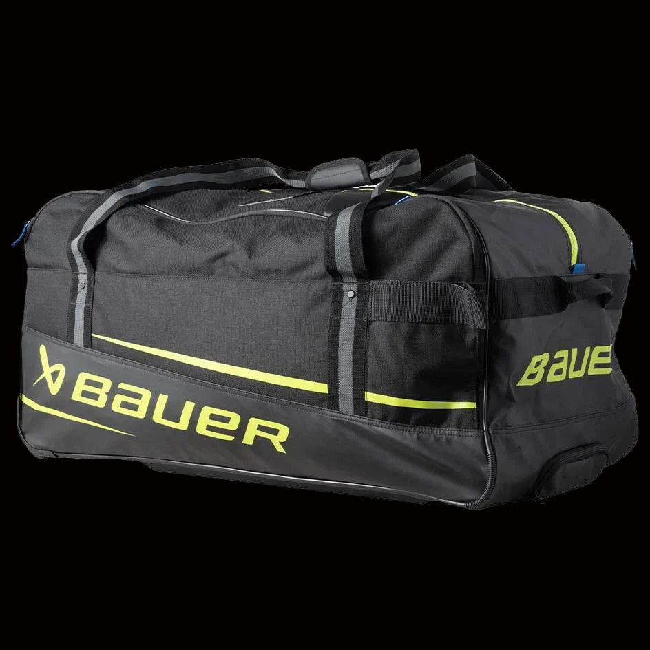 Bauer Premium Wheeled Bag S24 with oversized wheels and pull handle for easy transport.