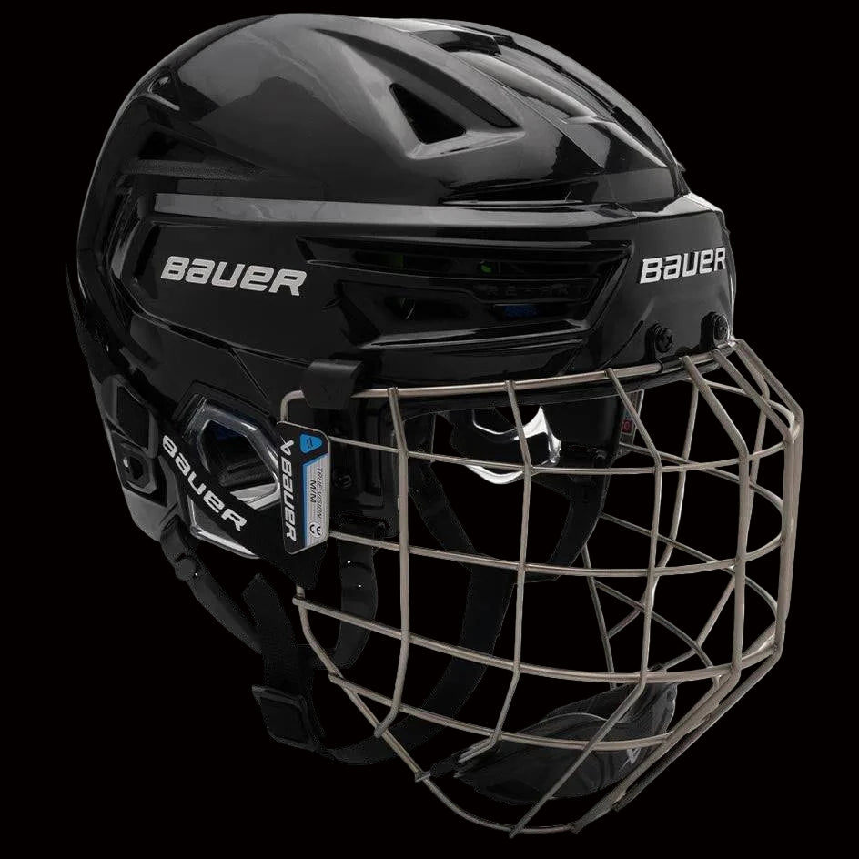 Bauer Re-akt 155 Hockey Helmet Combo, black helmet with protective cage, enhanced safety and fit technology.