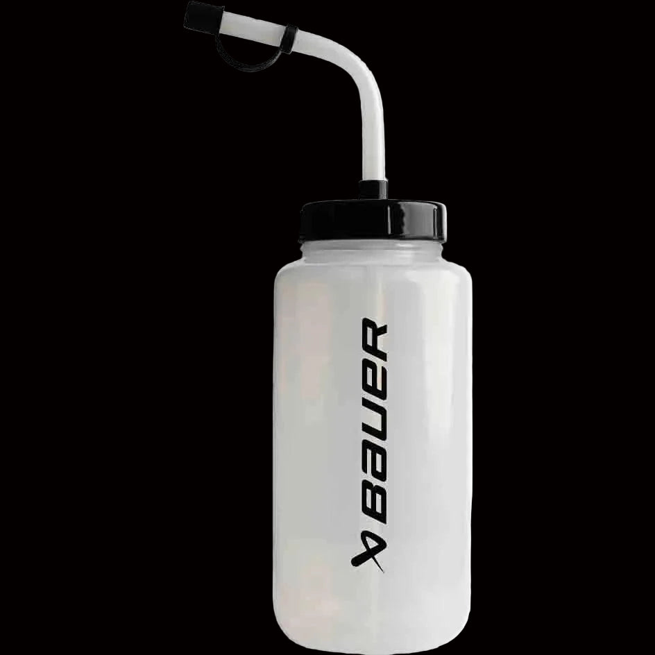 Bauer Straw Top Water Bottle with sports valve and water window, 0.95L capacity, black.