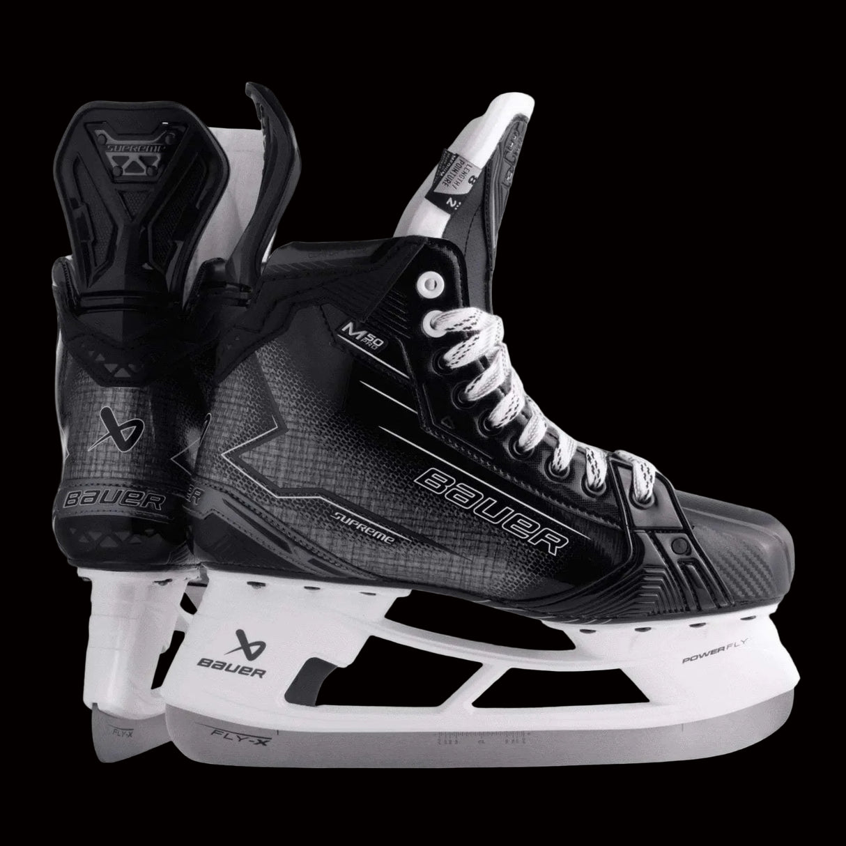 A pair of Bauer Supreme M50 Pro hockey skates for seniors, featuring a black and white color scheme with the Bauer logo visible.