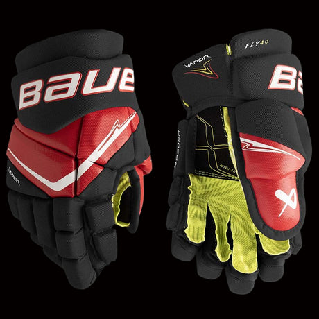 Bauer Vapor Fly40 junior hockey gloves in black and red colorway front view