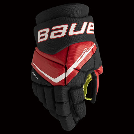 Bauer Vapor Fly40 junior hockey gloves black and red showing palm and finger construction