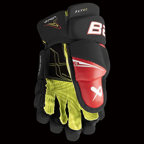 Bauer Vapor Fly40 junior hockey gloves black and red side profile with protective padding