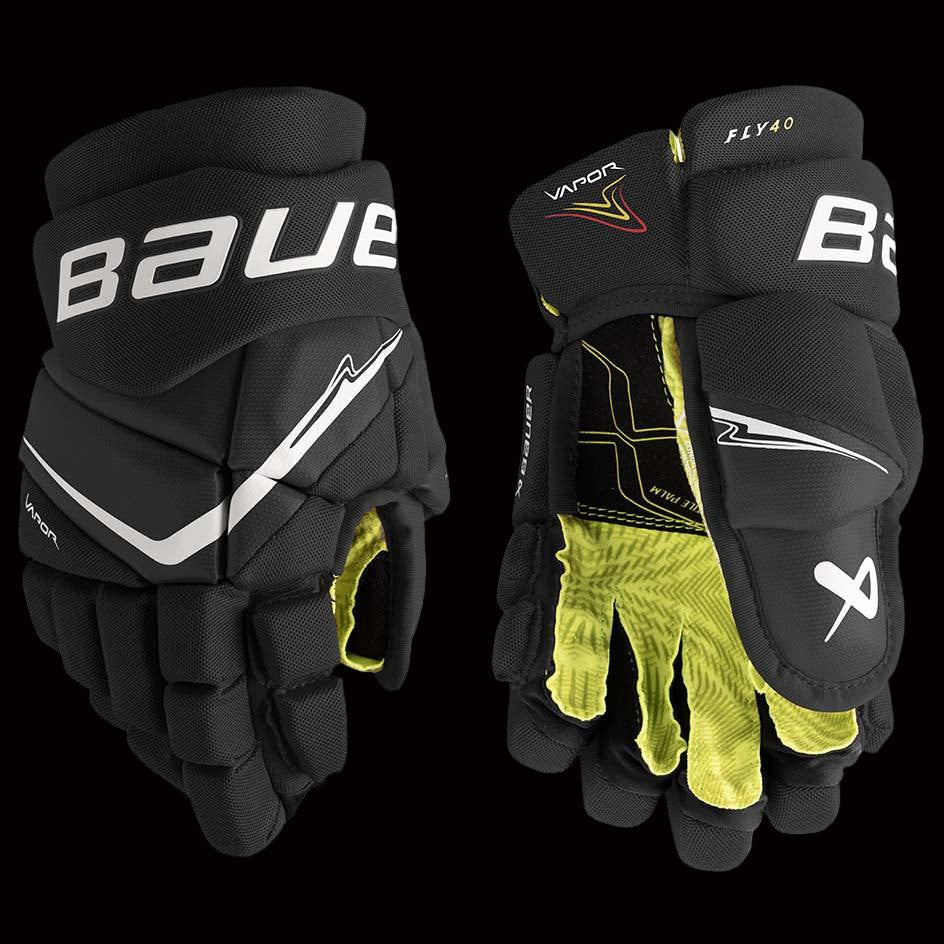 Bauer Vapor Fly40 junior hockey gloves in black and white colorway front view