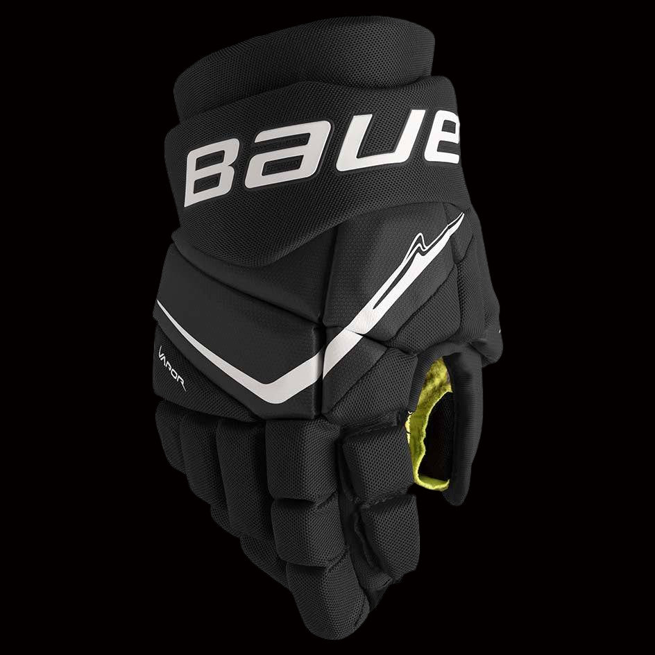Bauer Vapor Fly40 junior hockey gloves black and white showing palm grip and reinforcement
