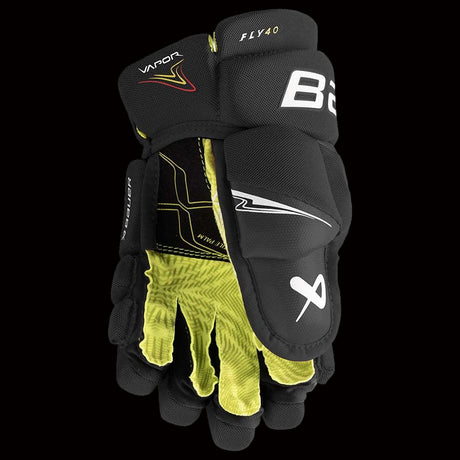 Bauer Vapor Fly40 junior hockey gloves black and white side view with cuff protection