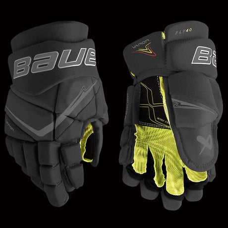 Bauer Vapor Fly40 junior hockey gloves in all black colorway front view