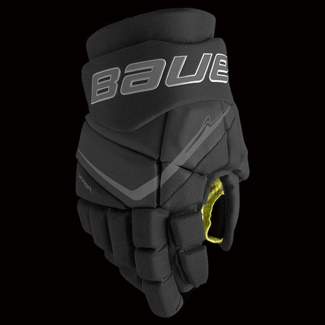 Bauer Vapor Fly40 junior hockey gloves all black showing palm construction and grip