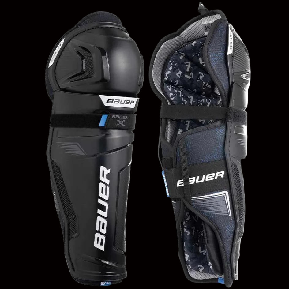 Bauer S24 X Shin Pads for recreational players, black protective gear for lower legs.