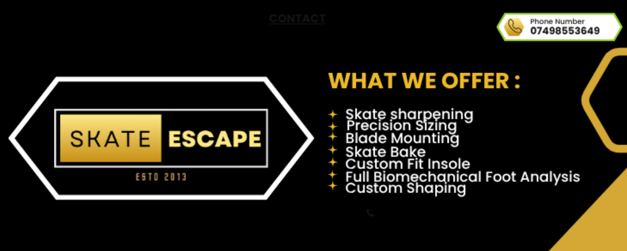 Promotional banner for 'Skate Escape' with services offered on a black and yellow background.