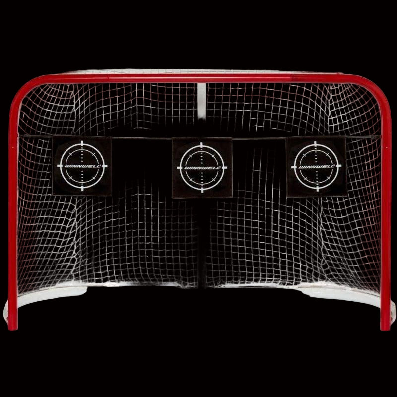 A red hockey goal with three black bungee shooting targets attached to the front.