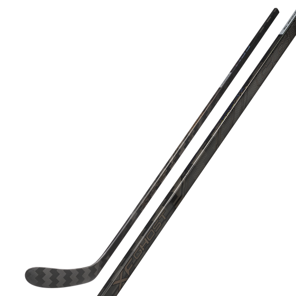 CCM XF Ghost limited edition ice hockey stick featuring pro mid kickpoint, F shaft geometry, and pro stiff blade in sleek black design