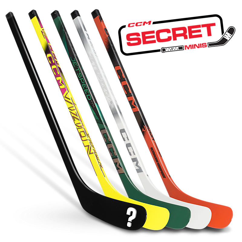 CCM Secret Mini Sticks 2025 collectible hockey sticks featuring Vizion, Ribcor Trigger 10 Pro, Jetspeed FTW, and mystery rare sticks