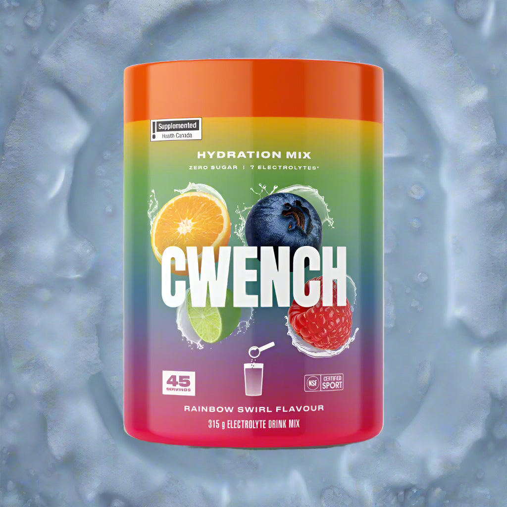 CWENCH Electrolyte Mix 315g in Rainbow Swirl flavor enhances hydration for workouts.