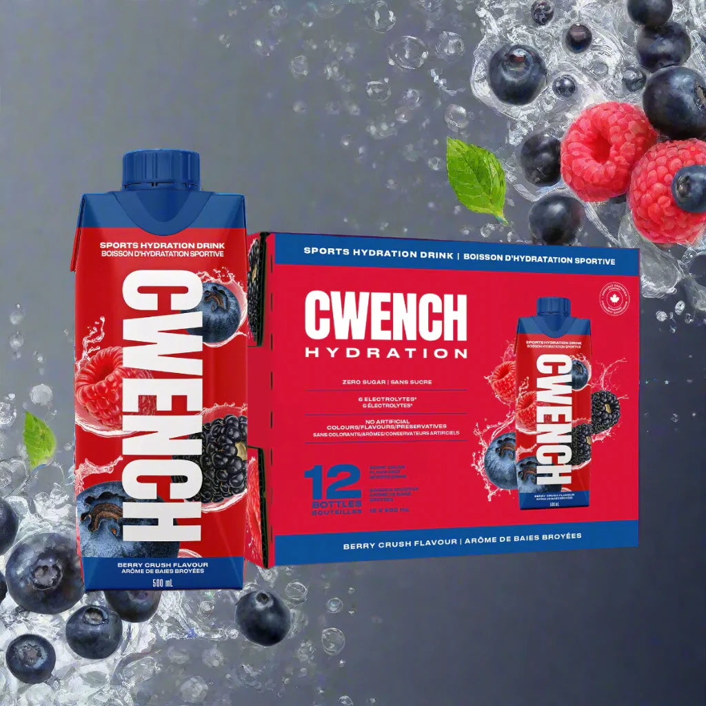 Gwench hydration sports drink package with blue and red design on a white background