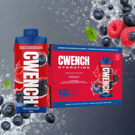 Gwench hydration sports drink package with blue and red design on a white background