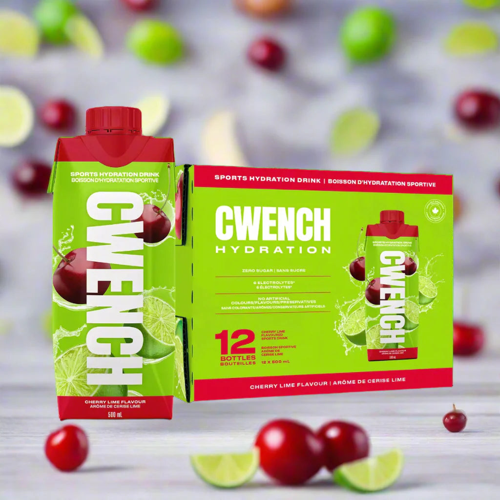 Gwench Hydration sports drink packaging with cherry lime flavor on a white background