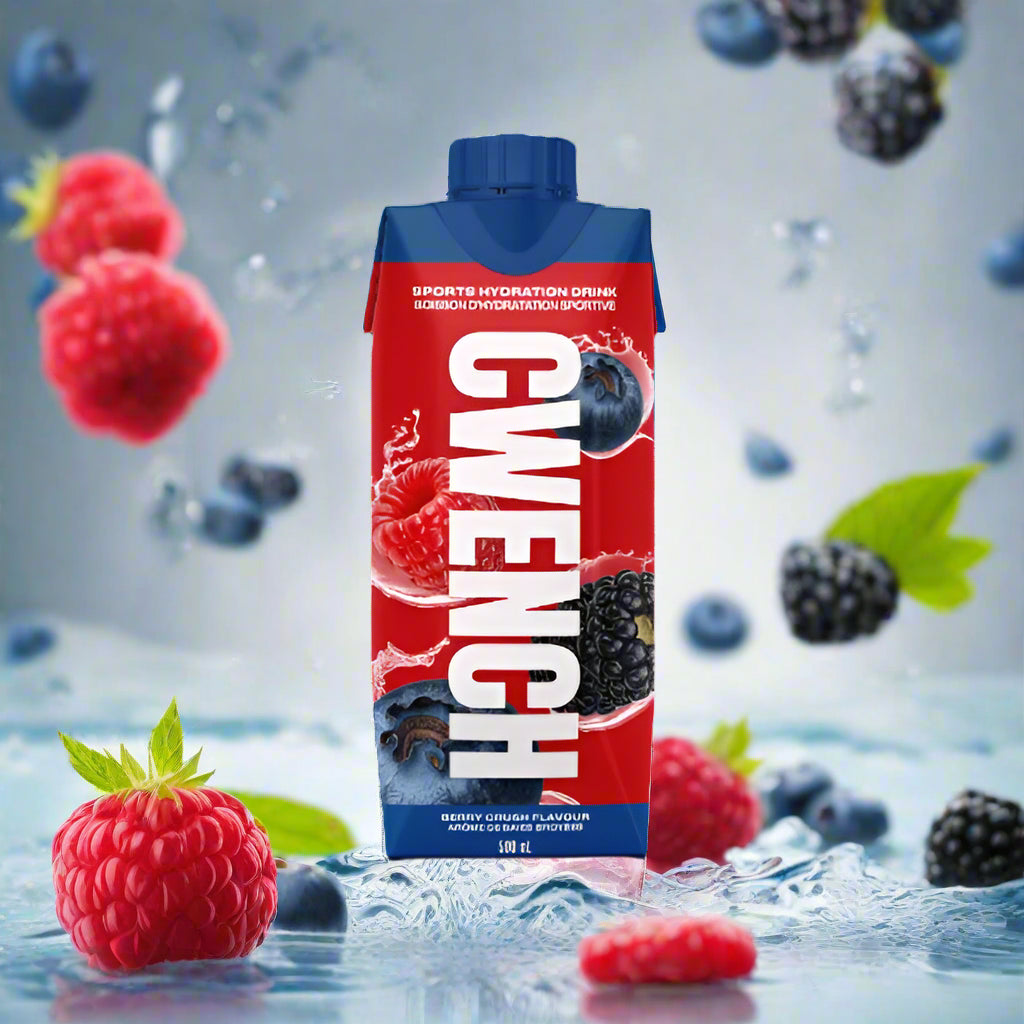 GWENCH sports hydration drink packaging with blue and red design on a white background