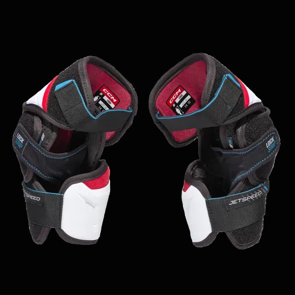 CCM Jetspeed FT6 Elbow Pads with Flexmotion design and AER-TEC thermoregulation system for mobility and ventilation.