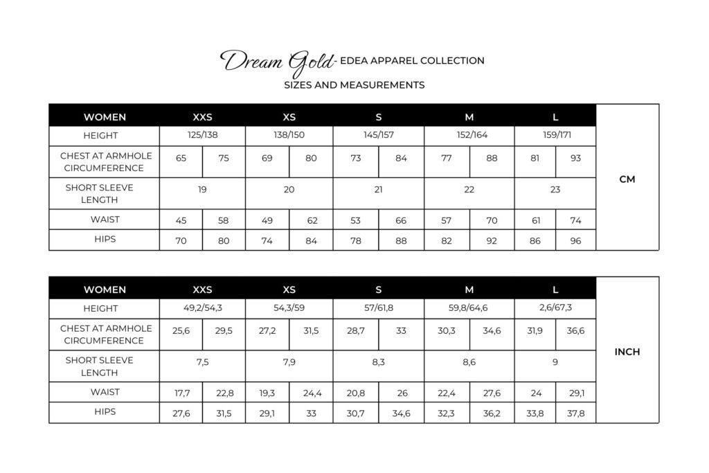 Edea Dream Gold apparel size guide