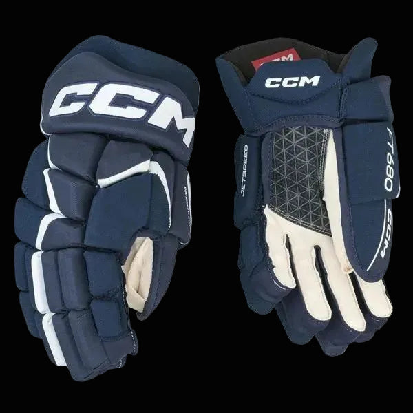 CCM Jetspeed FT680 Hockey gloves in navy blue, durable and breathable design.