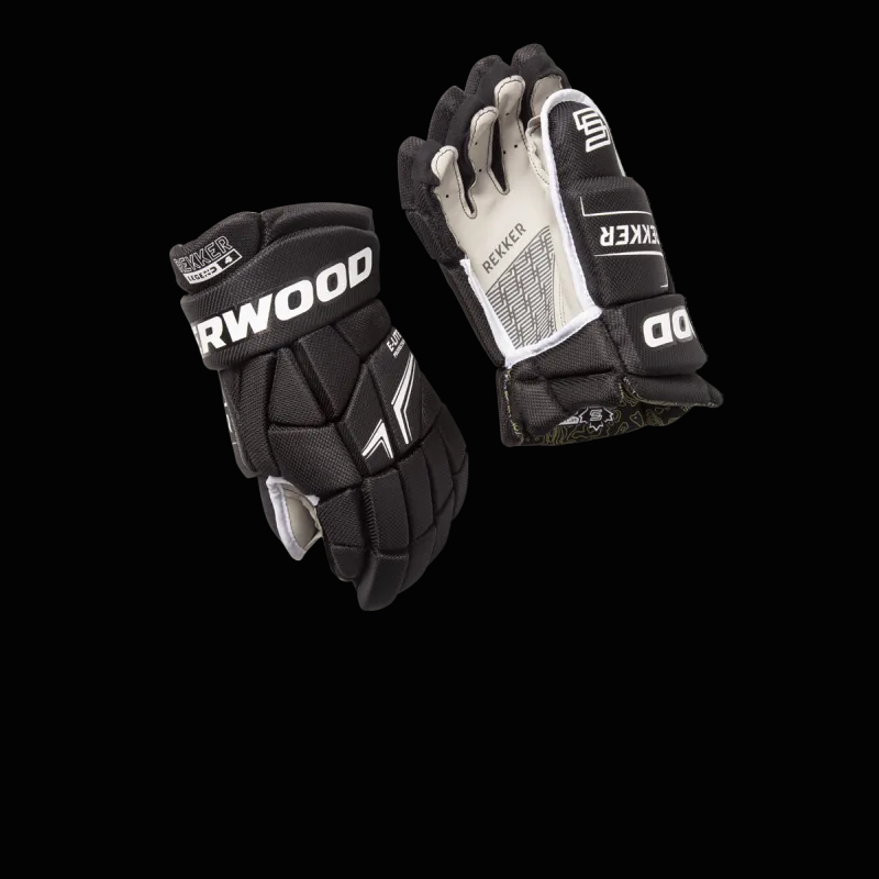 A pair of Sherwood Rekker Legend 4 hockey gloves in black color, featuring a synthetic palm with embossed logo texture and a printed liner.