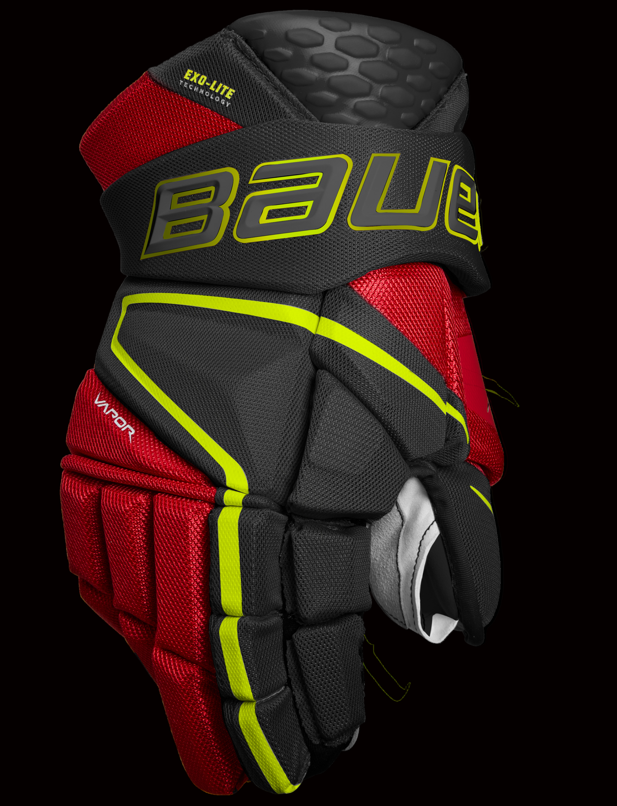 Bauer Vapor Hyperlite Hockey Gloves, red and black design, lightweight protection, Defense Cloud Tech foam, DuraCONNEKT palm, molded SHOCKLITE pad.