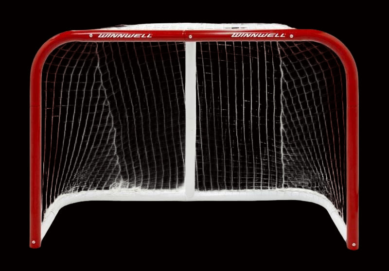 A red and white Winnwell hockey goal with a red net.