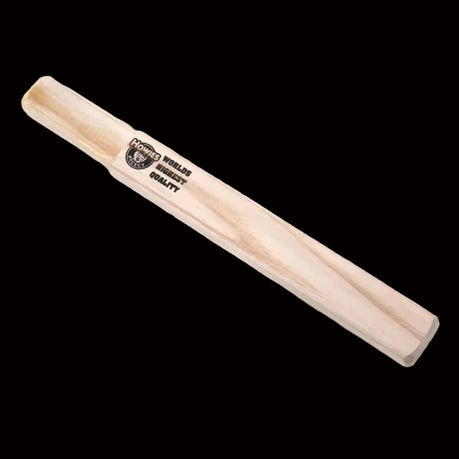 An end plug for a hockey stick, made of wood, with the Howies brand logo printed on it.