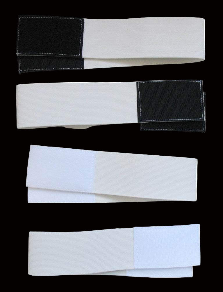 A&R shin guard straps with heavy woven elastic and color-coded Velcro.