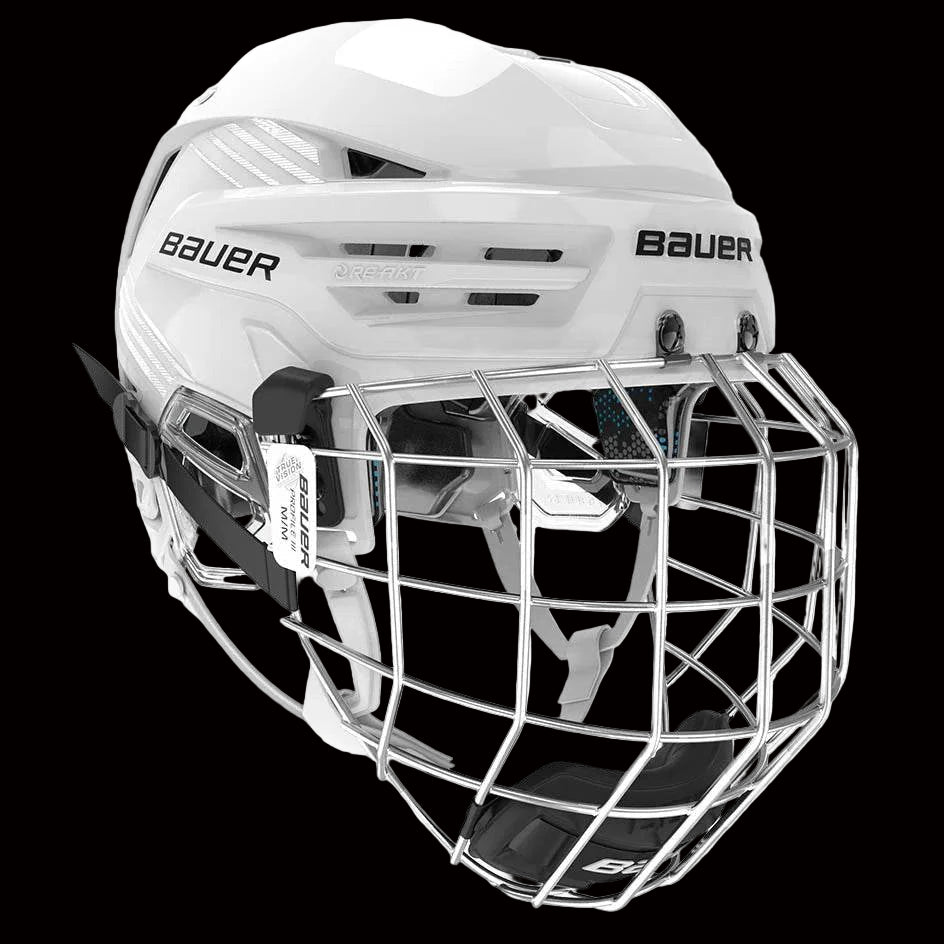 Bauer Re-Akt 85 Helmet Combo with face cage in white.