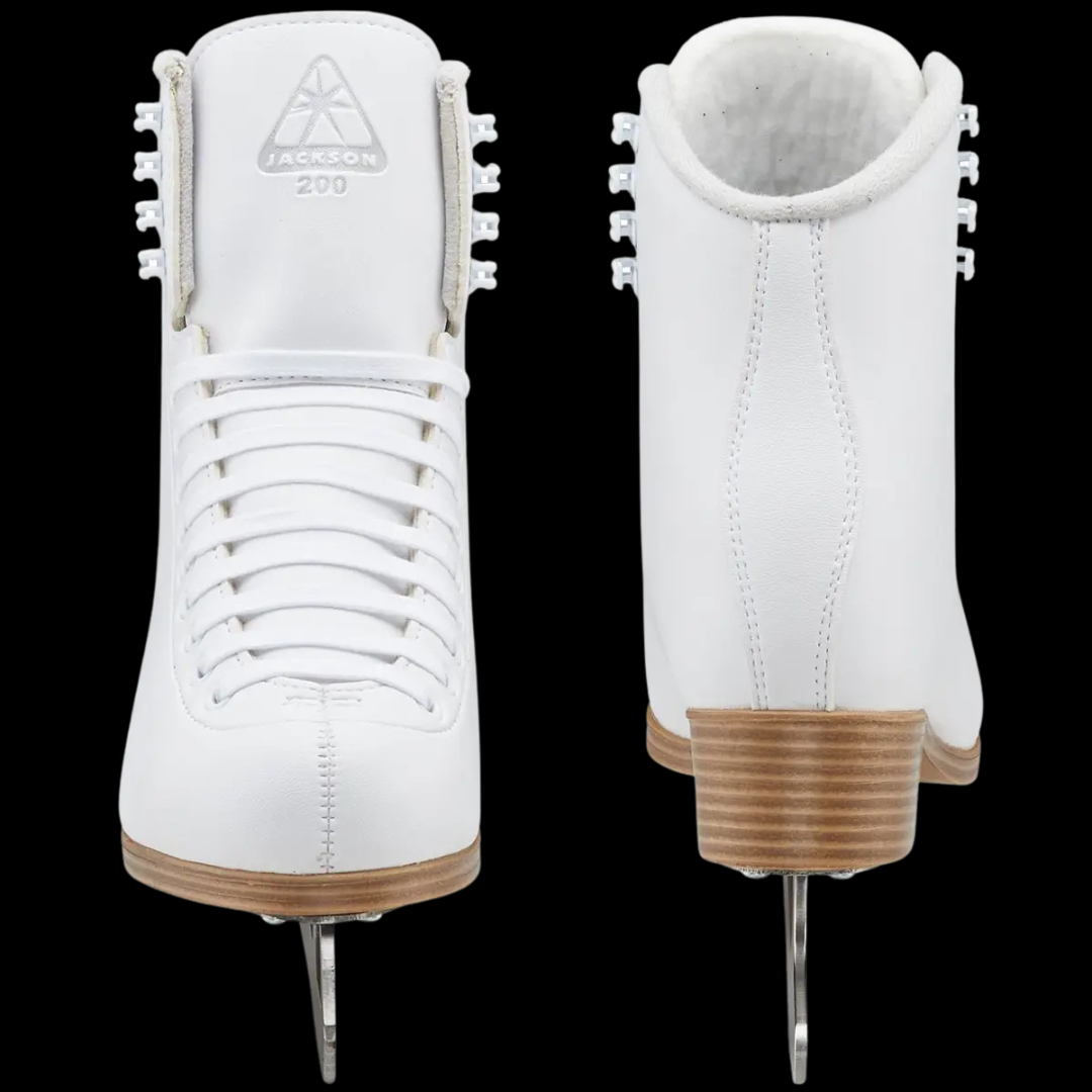 Jackson Classique JC200 figure skates - close-up of ankle collar showing padded lining, eyelets and upper material texture