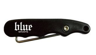 A black skate lace puller with the word 'Blue' and 'SPORTS' printed on the side, along with a metal lace puller.