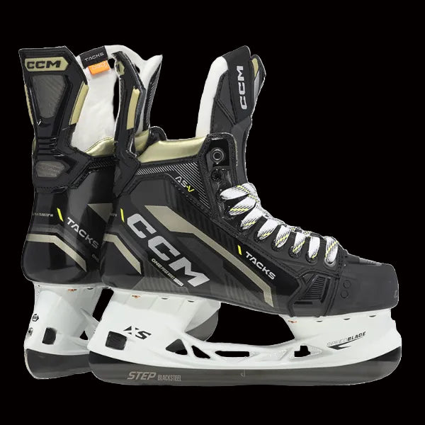 A pair of CCM Tacks AS-V senior hockey skates with a black, white, and gold color scheme.
