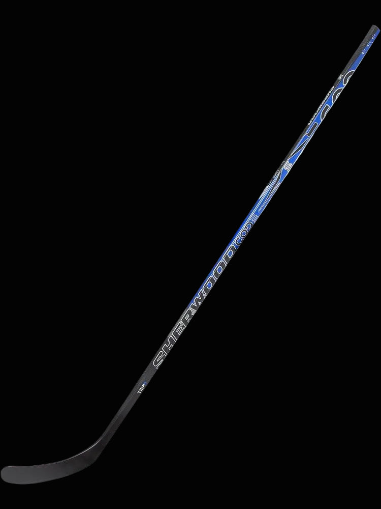 A Sherwood hockey stick with a black base color and blue accents, featuring a modern design with text and branding.