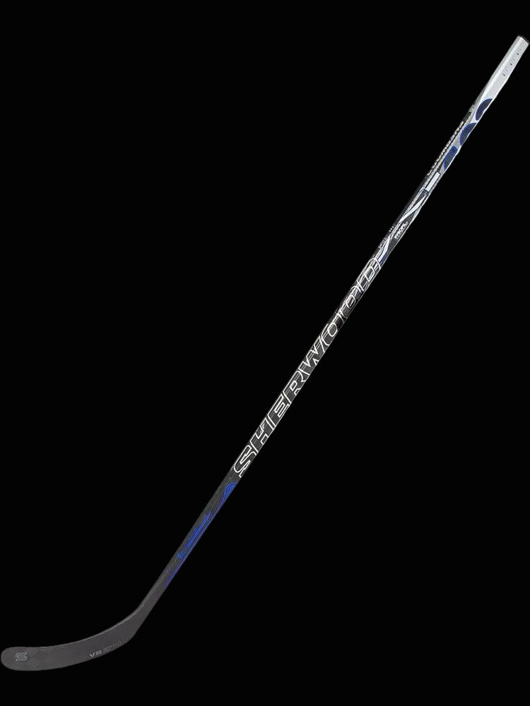 A Sherwood brand hockey stick with black, white, and blue color scheme.